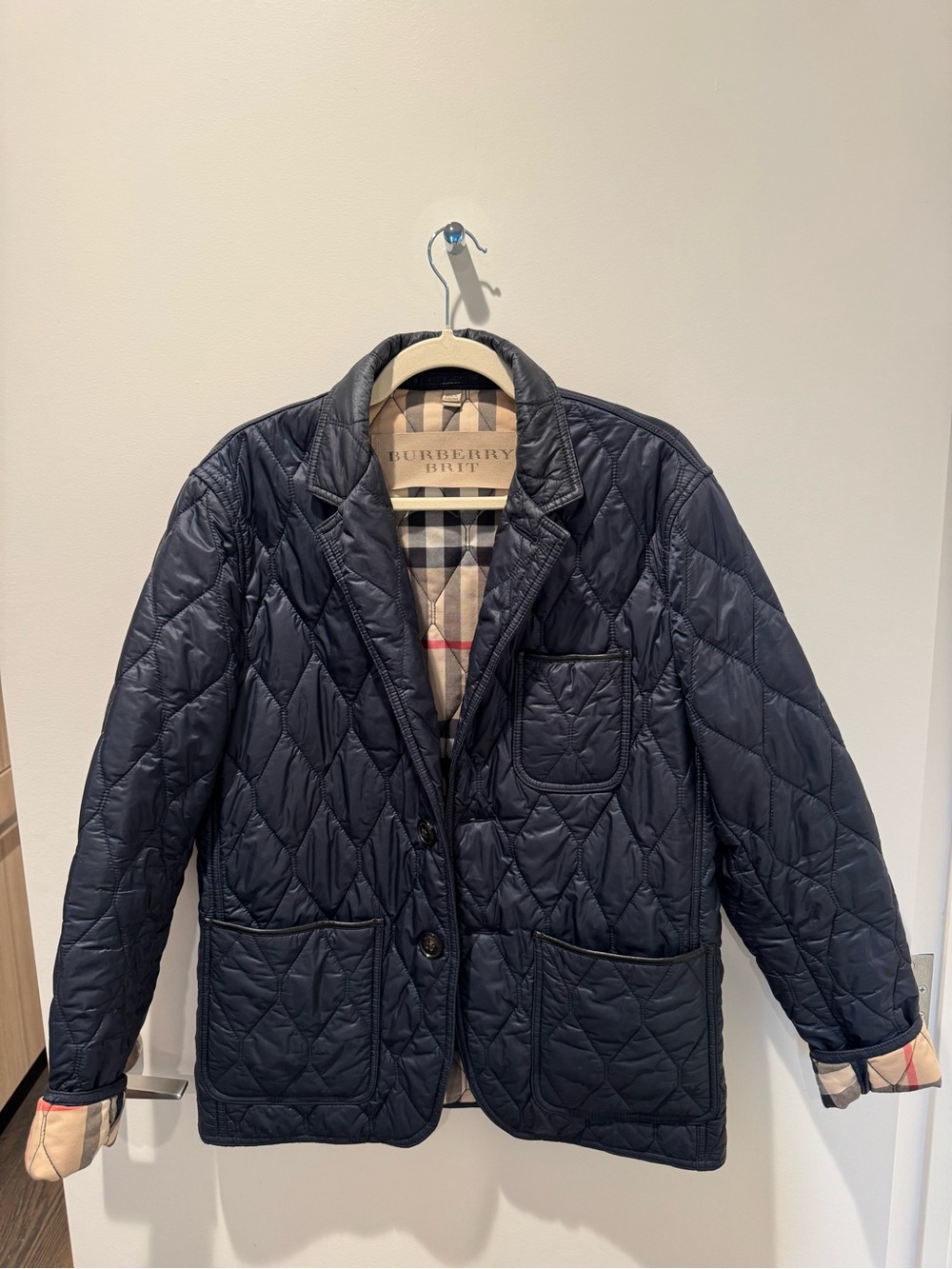 Burberry Quilted Navy Blazer Jacket with Check Lining